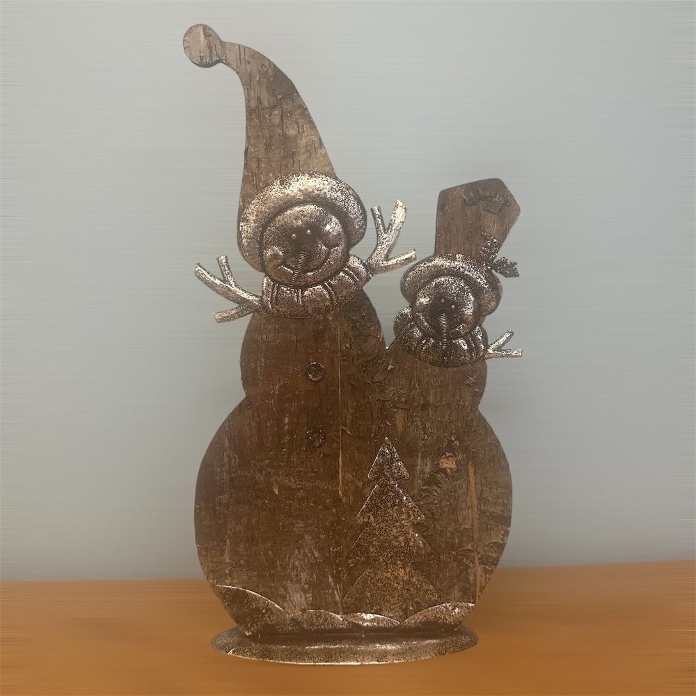 Metal and Wood Indoor Outdoor Snowman Sculpture Home Garden Decor